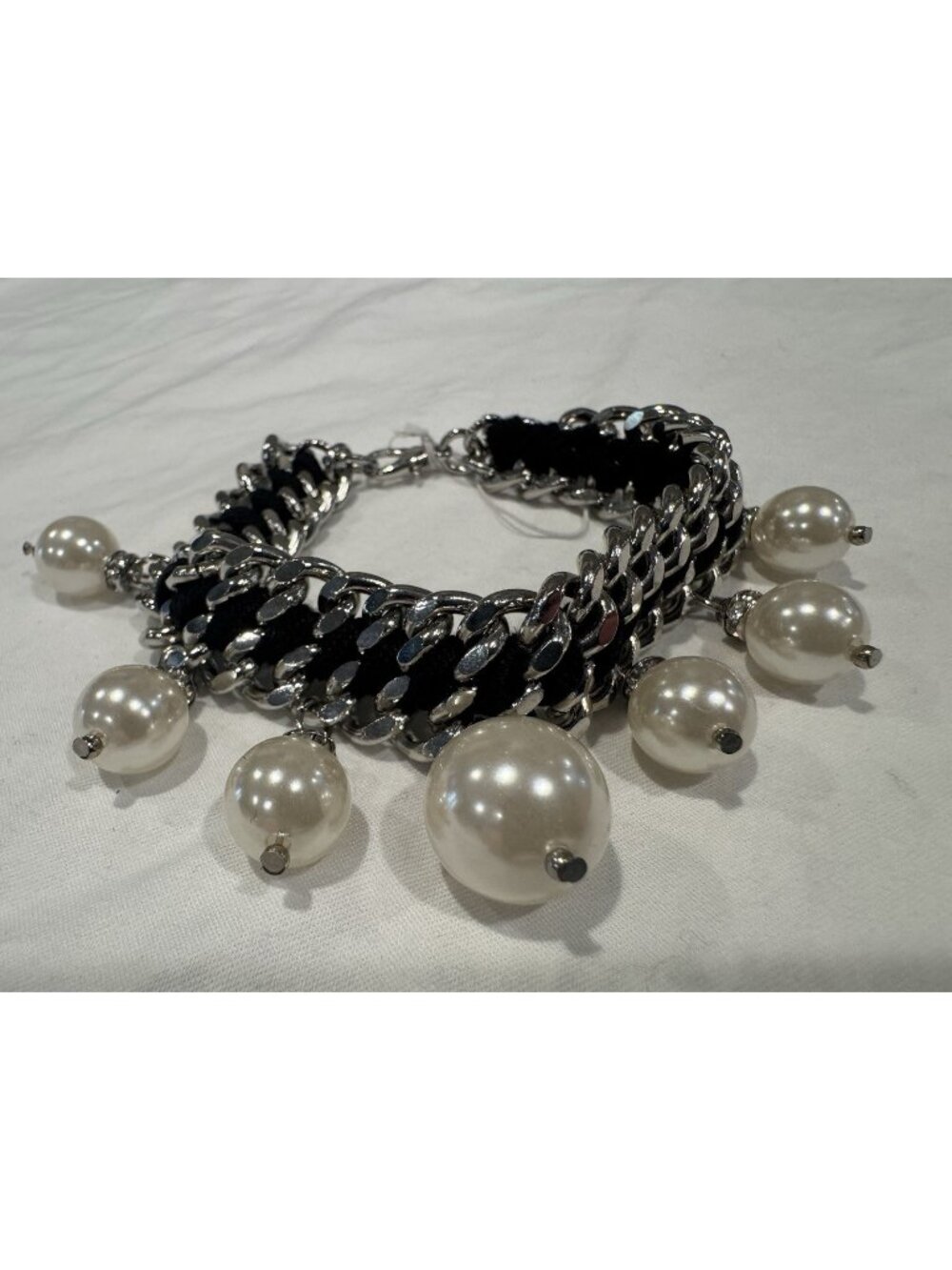 Black Silvertone Faux Pearls Chunky Pearl Bead Multi Chain Bracelet NEW